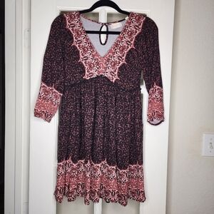 Altar'd State Paisley Floral V Neck Babydoll 3/4 Sleeve Casual Mini Sun Dress XS